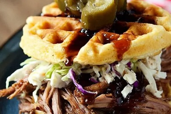 Root Beer Pulled Pork Cornbread Waffle Sandwiches